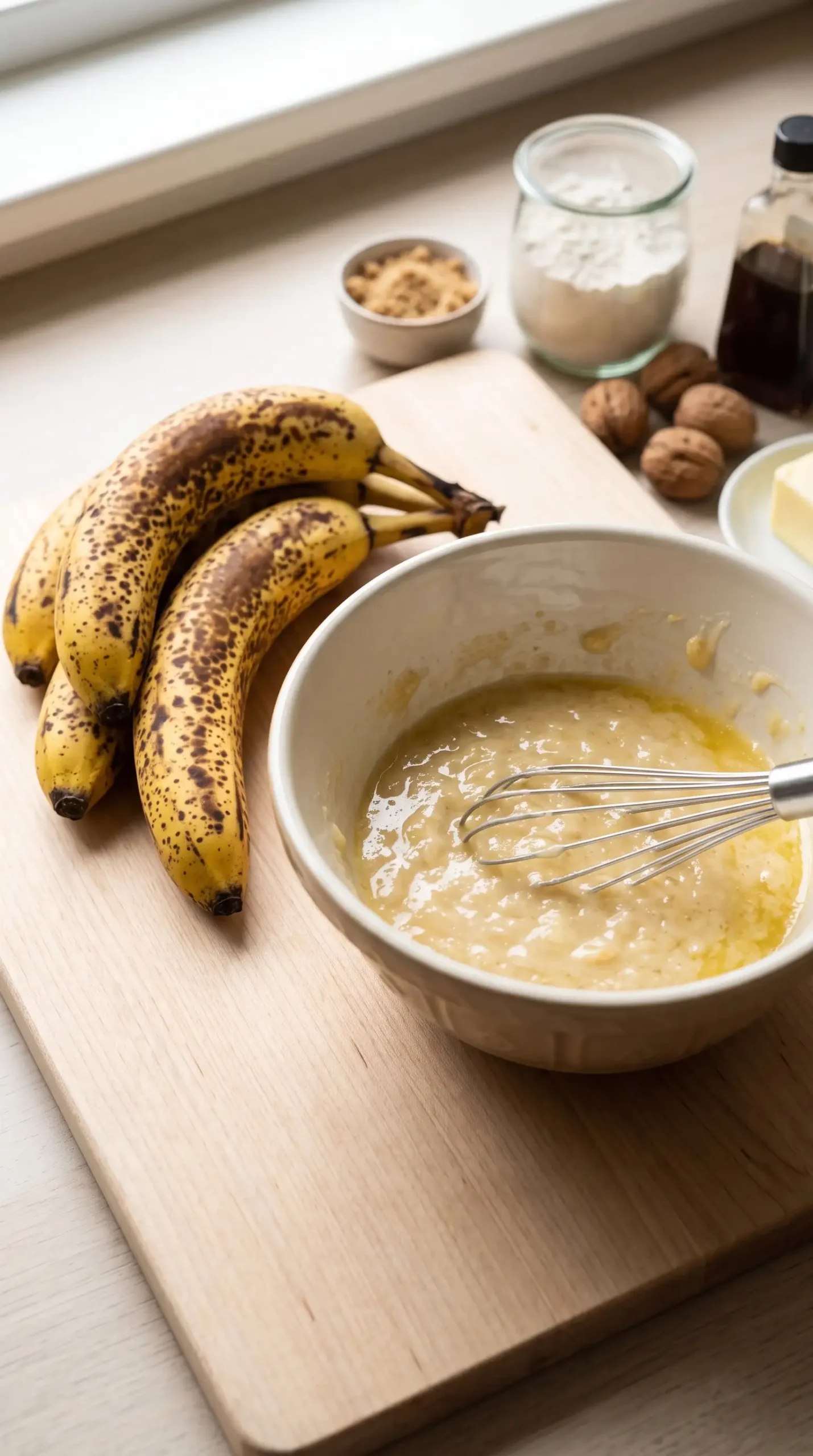 Ripe bananas and mashed banana mixture prepared for banana nut bread batter