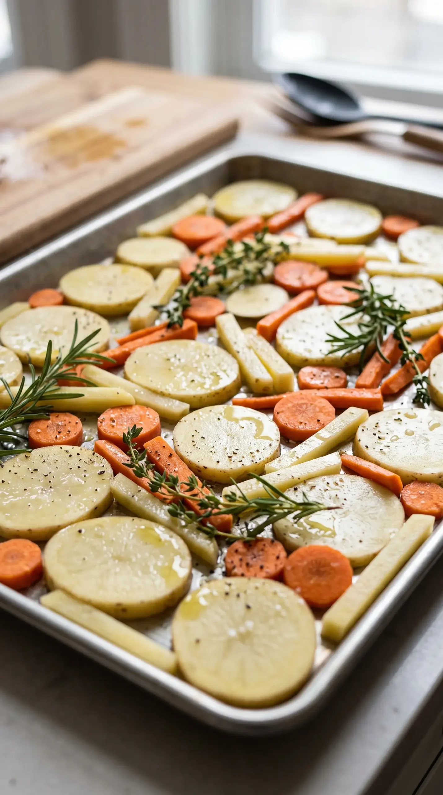 Thin sliced potatoes and carrots prepared with herbs and oil for roasted vegetable grilled cheese