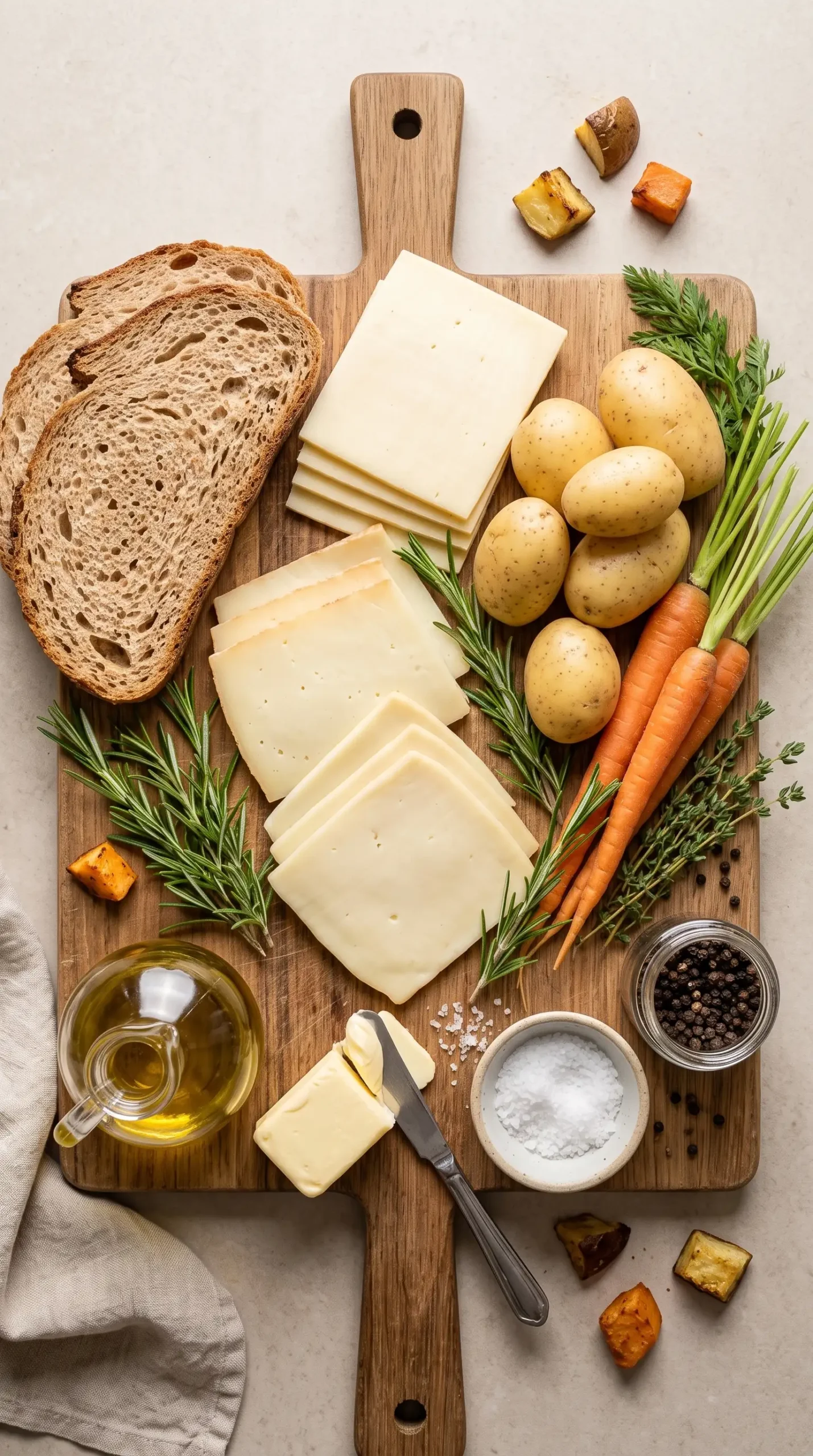 Ingredients for roasted vegetable grilled cheese with white cheeses, wheat bread, potatoes, carrots, and herbs