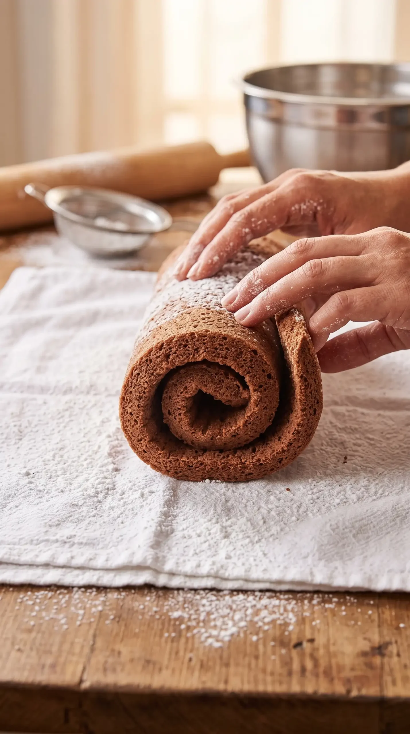 Chocolate sponge cake being rolled on a sugar-dusted towel for a peppermint roll