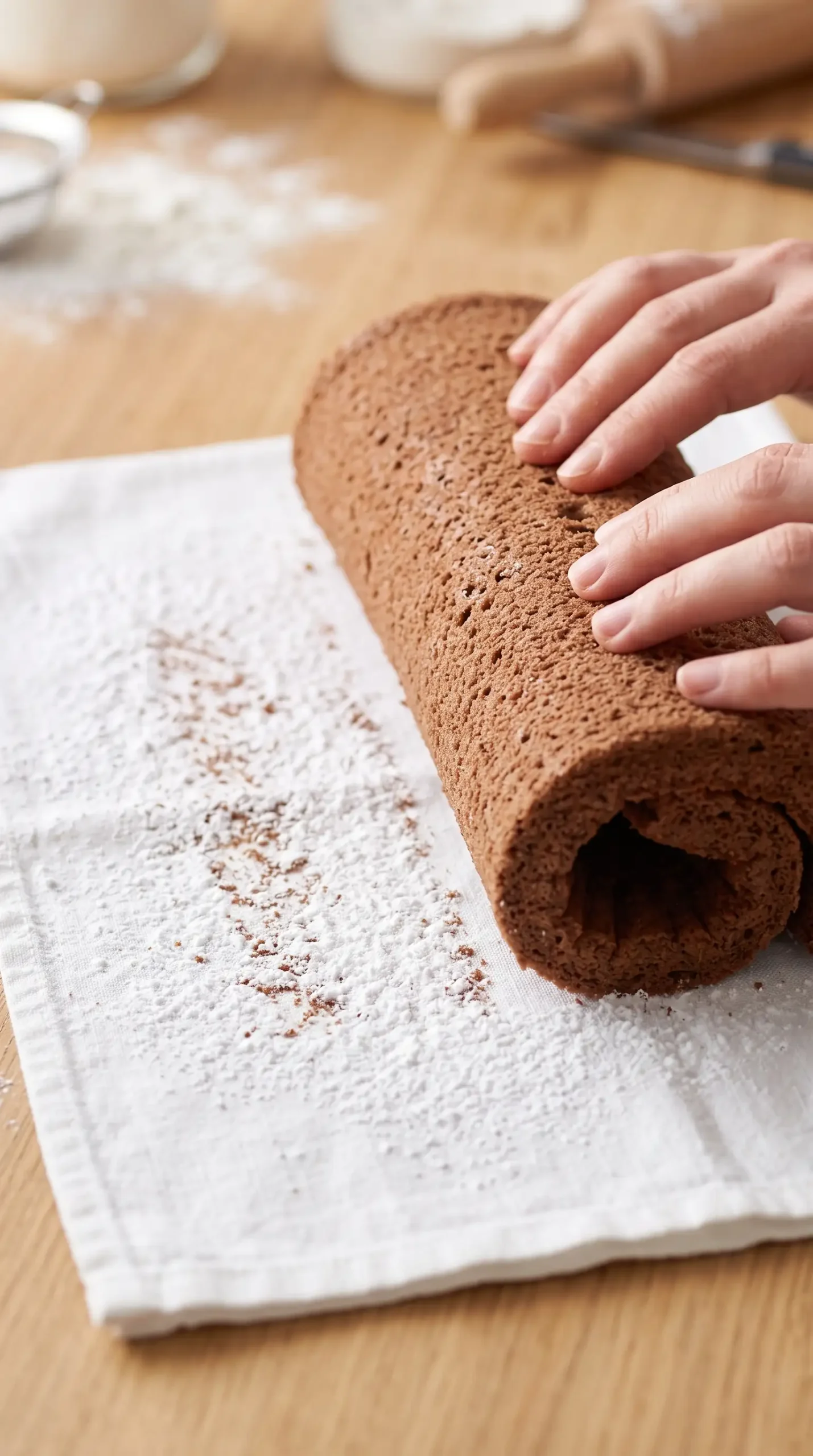 Chocolate sponge cake rolled on a powdered sugar towel to shape the yule log