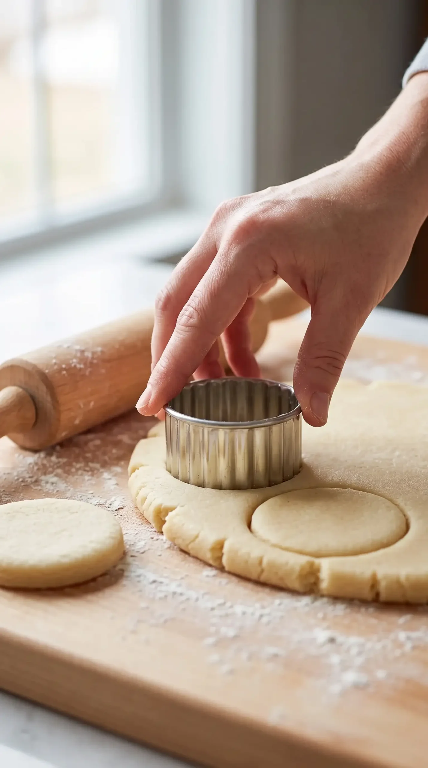 Chilled sugar cookie dough being rolled and cut into shapes before frosting