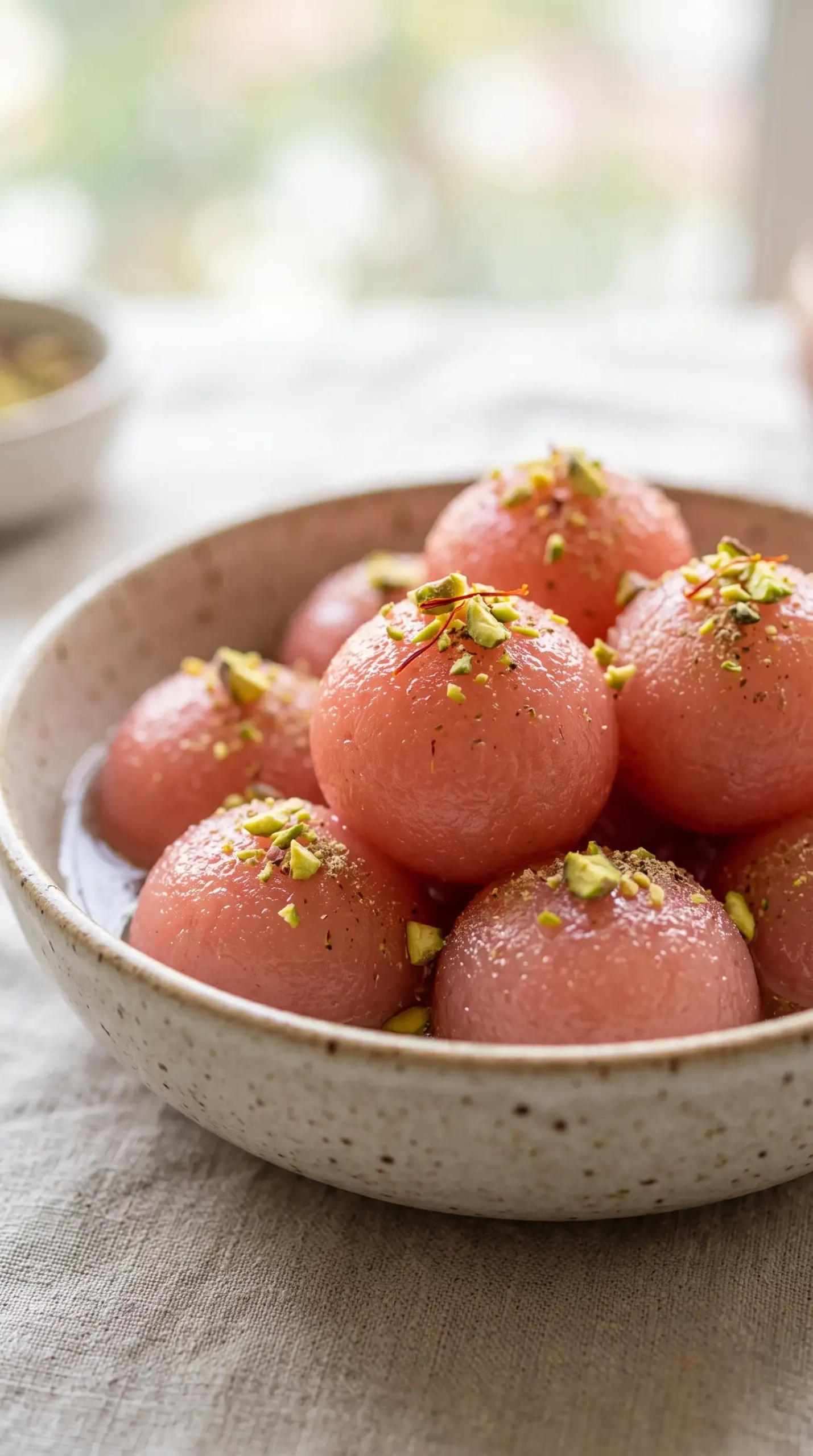 Rose ball milk powder jamun finished with pistachios saffron and cardamom