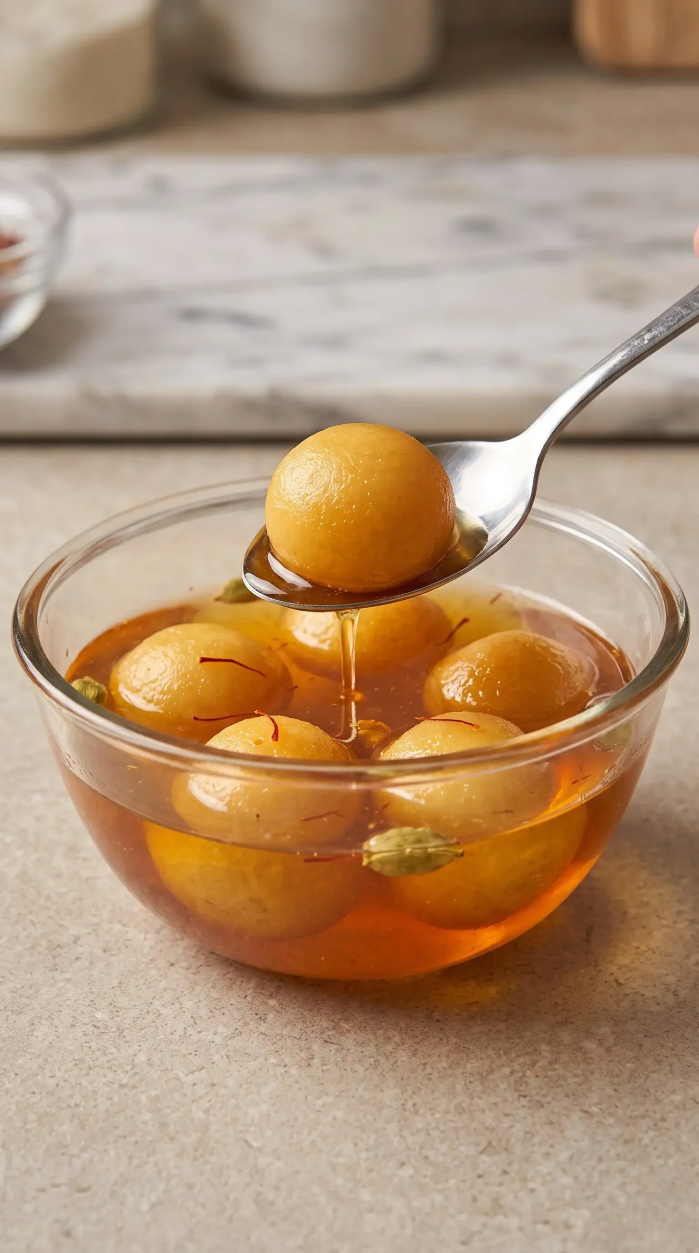 Milk powder jamun balls soaking in rose water and cardamom sugar syrup