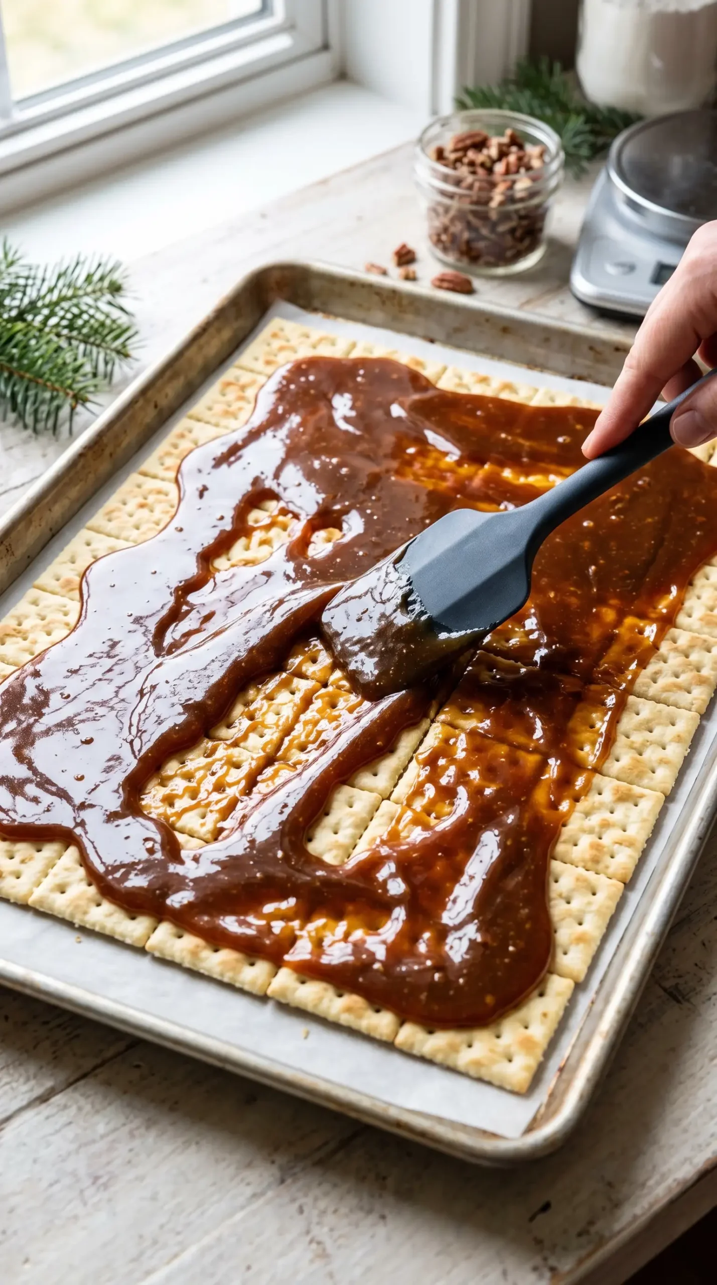 Saltine crackers covered with butter brown sugar toffee on a baking sheet