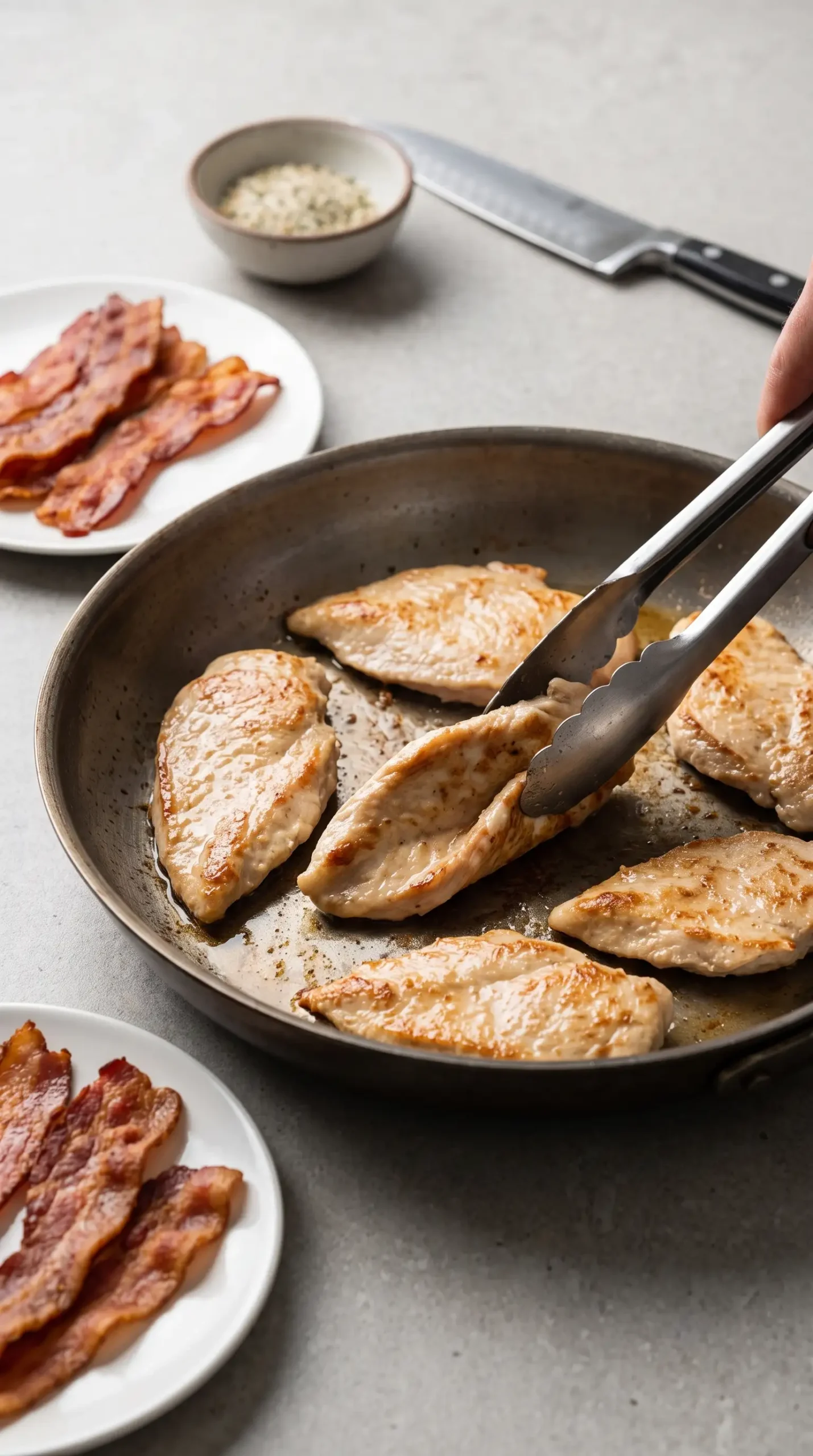 Golden-seared chicken cutlets cooking in a skillet with cooked bacon beside them