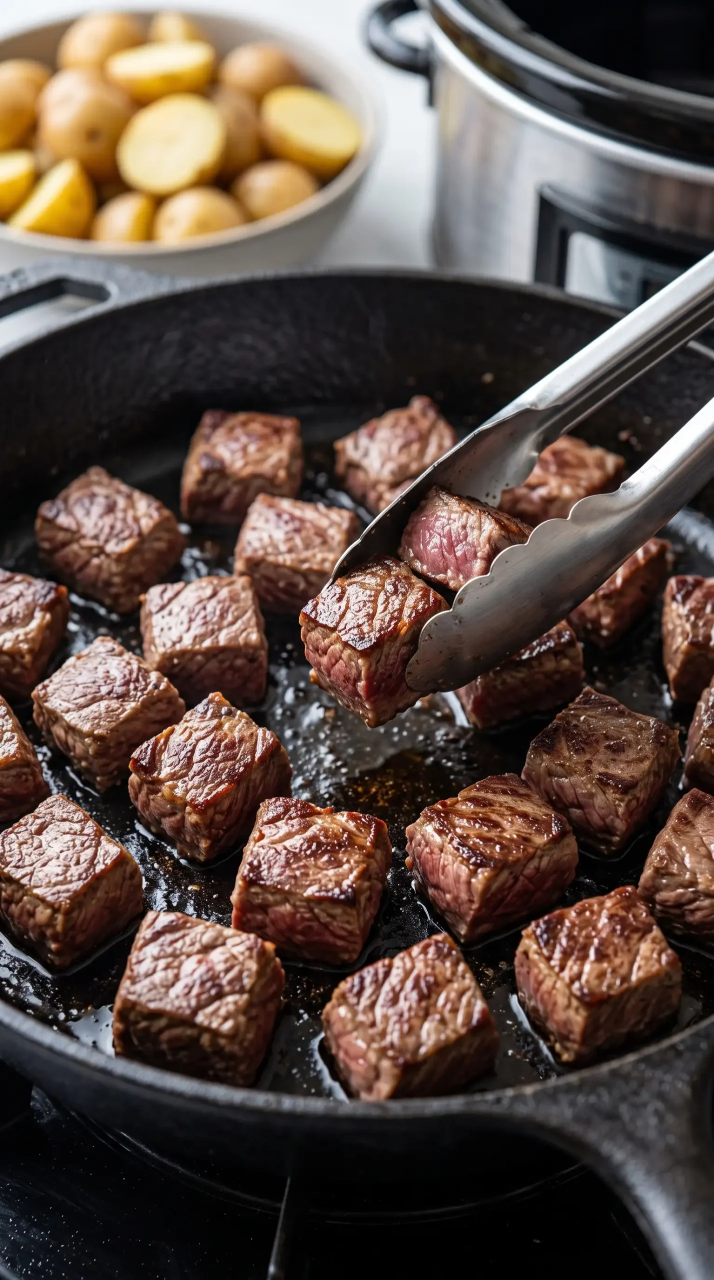Beef cubes searing in a skillet before slow cooking for garlic butter beef bites