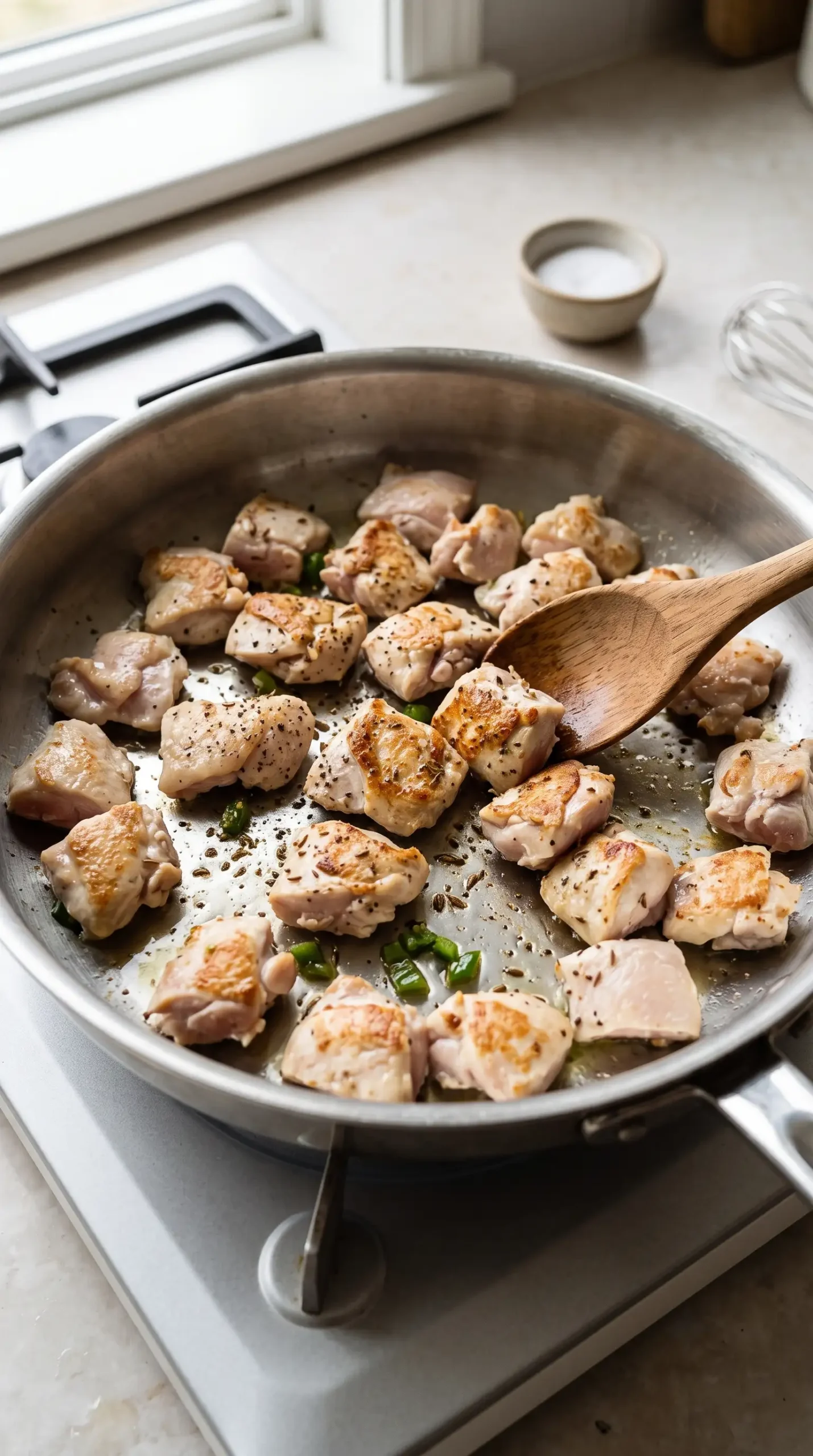 Chicken pieces searing in a skillet for a white chicken chili recipe