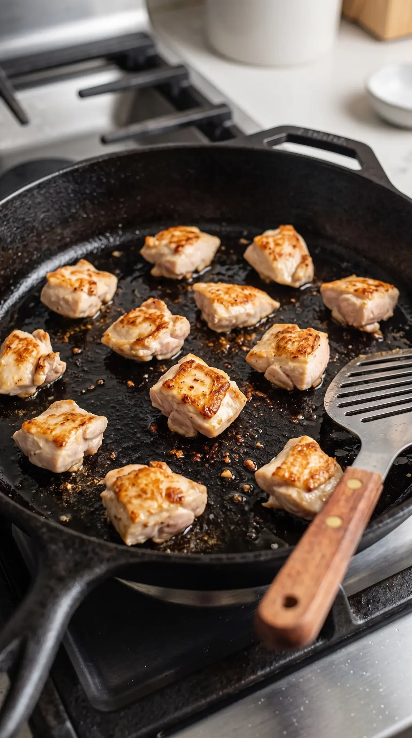 Chicken pieces searing in a skillet to develop browned edges before adding sauce