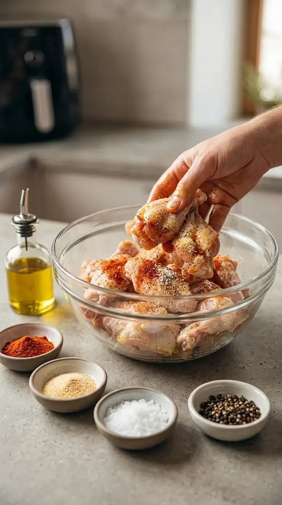 Seasoned raw chicken wings coated with olive oil and spices before air frying
