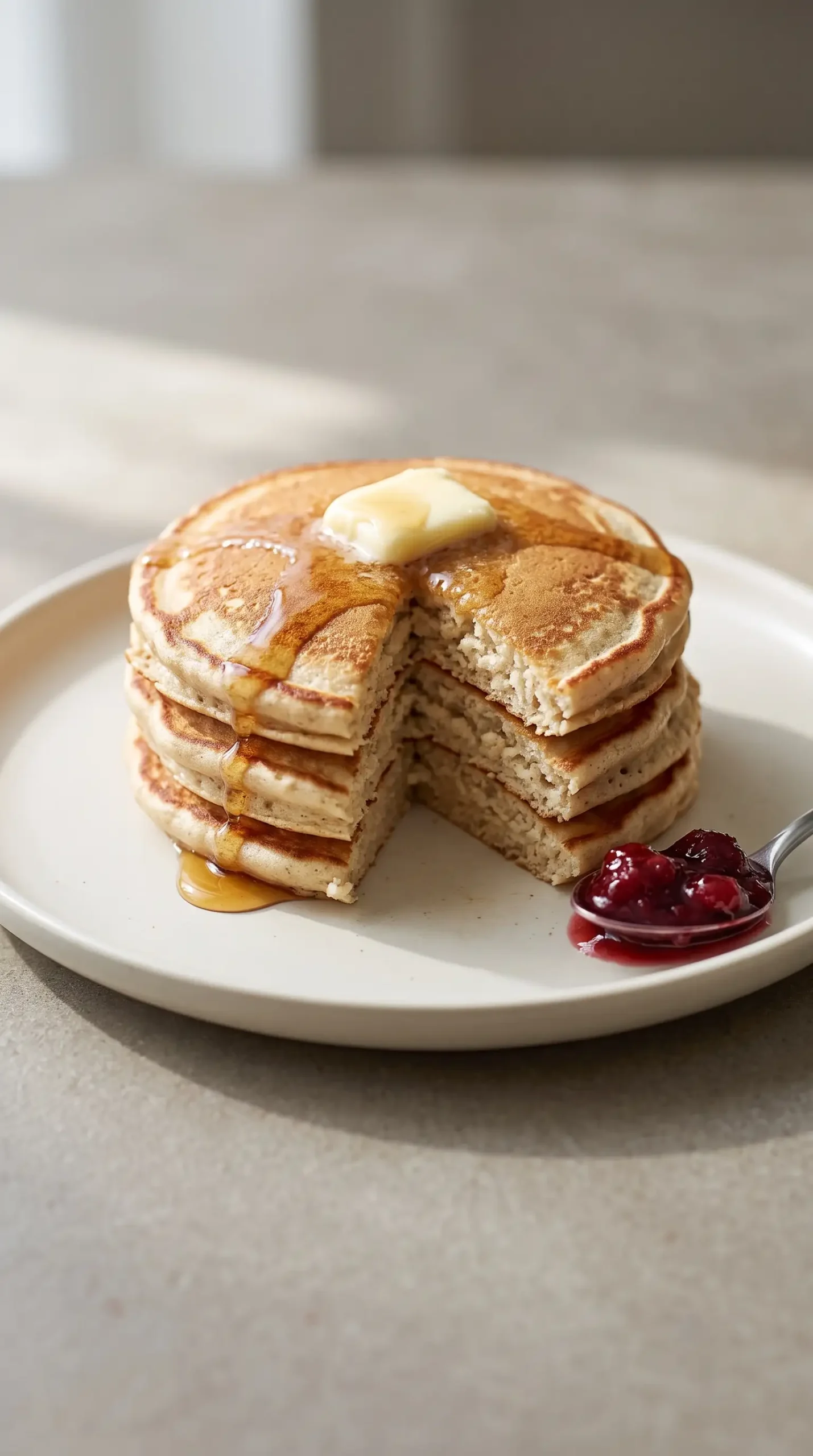 Warm dinner pancakes stacked with butter, maple syrup, and berry compote on a plate