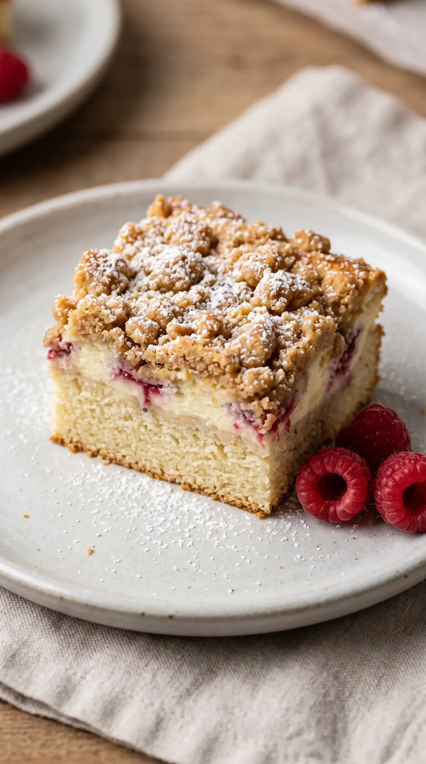 Square serving of raspberry cream cheese coffee cake with streusel topping and fresh raspberries
