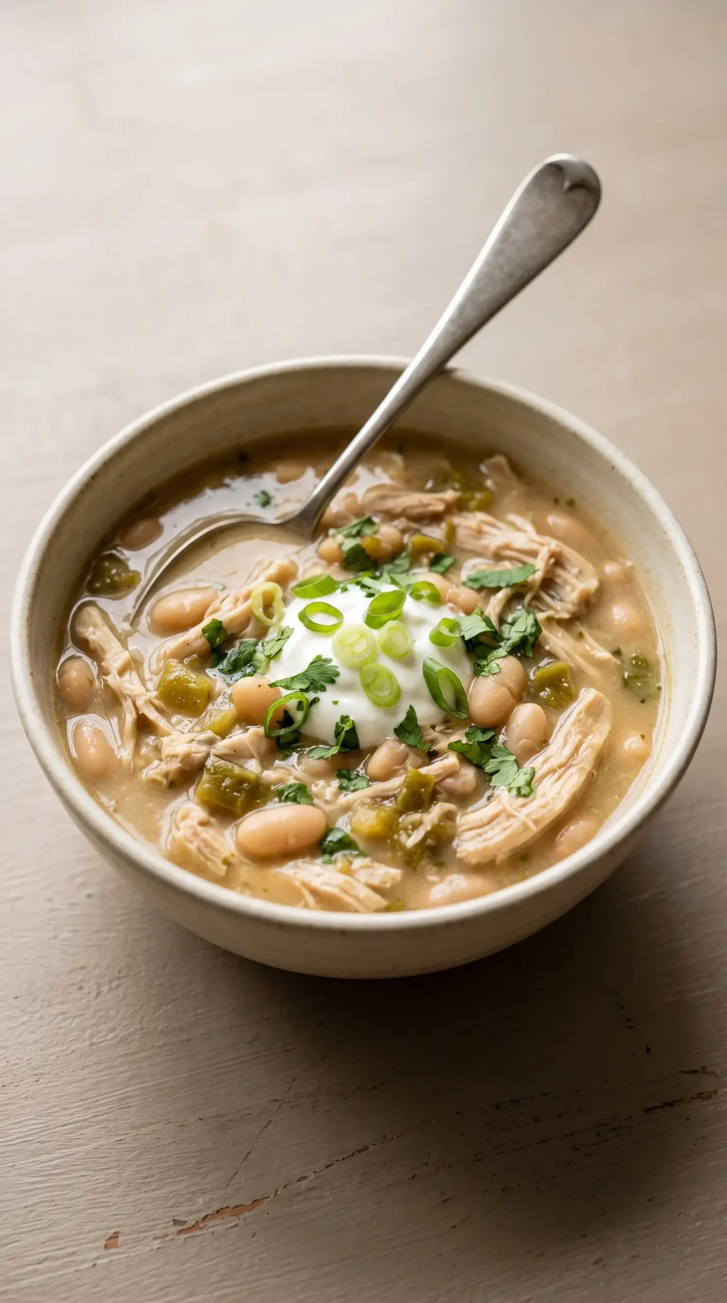 Finished bowl of white chicken chili with beans, chicken, cilantro, and green onions