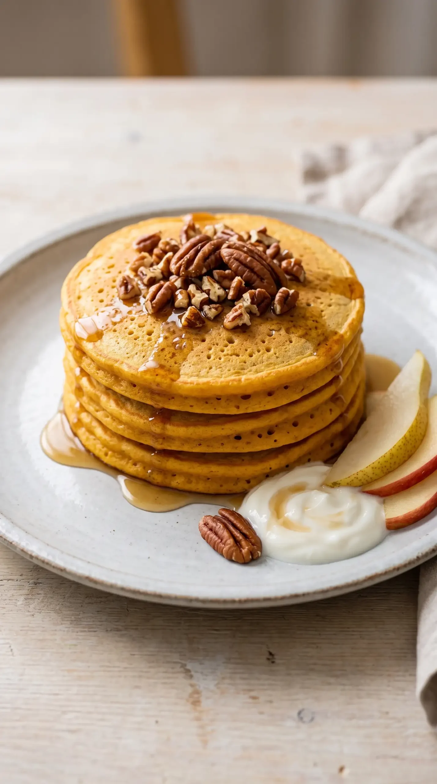 Butternut squash pancakes topped with pecans, maple syrup, and a creamy side
