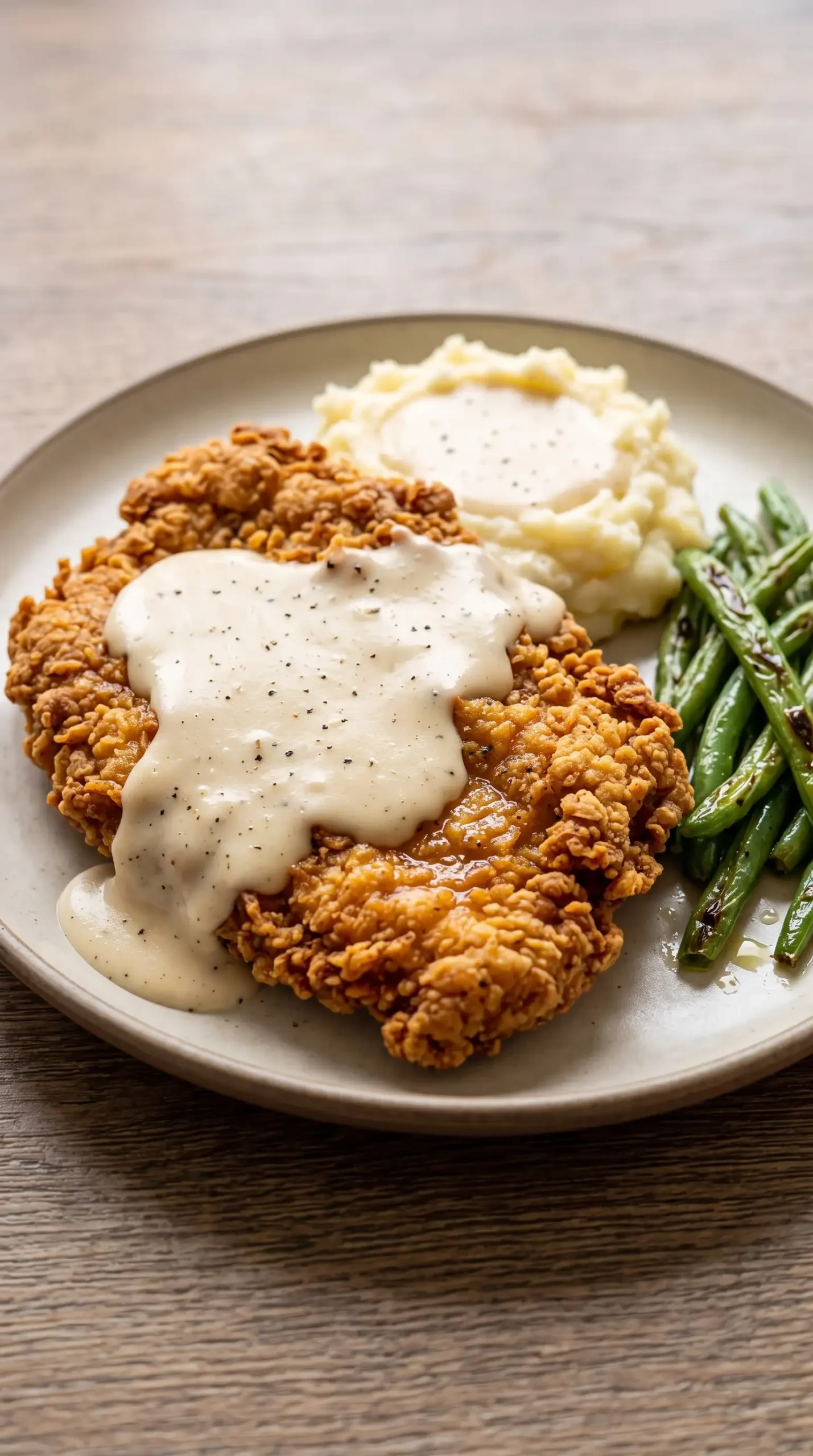 Southern chicken fried steak topped with white cream gravy served with mashed potatoes and green beans