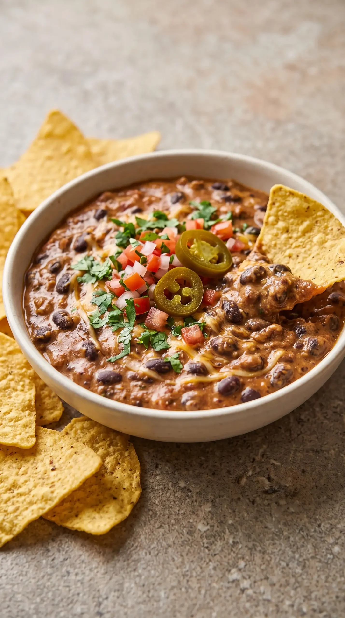 Warm chili cheese black bean dip served with tortilla chips and fresh toppings