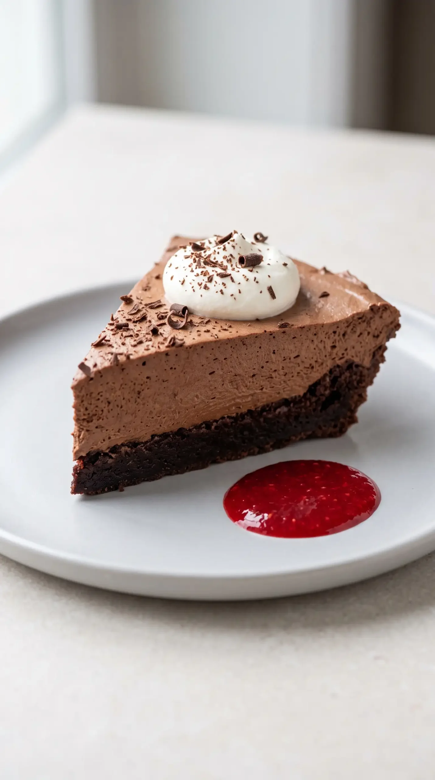 Chilled slice of brownie pie with chocolate mousse, whipped cream, and shavings