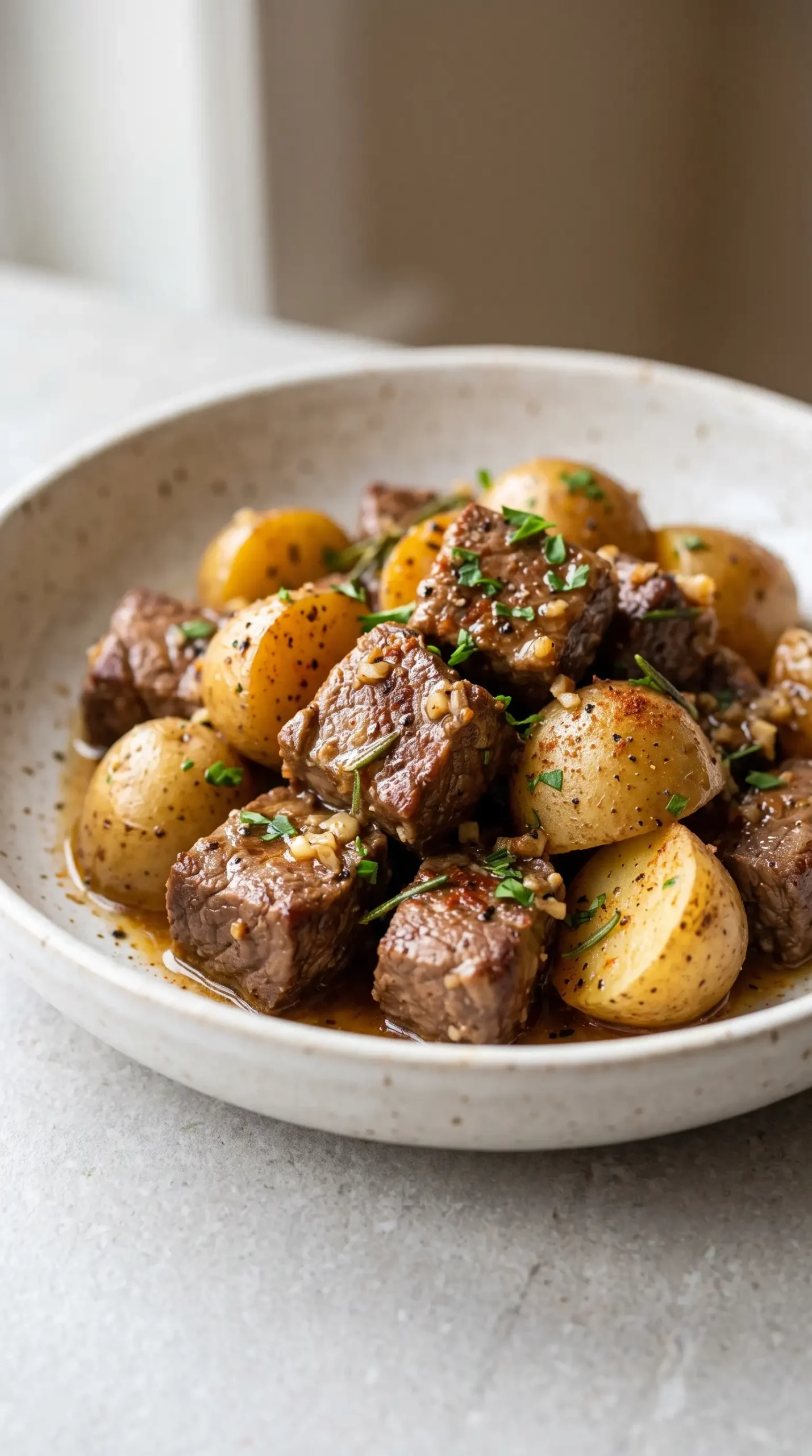 Slow cooker garlic butter beef bites with baby potatoes in savory herb sauce
