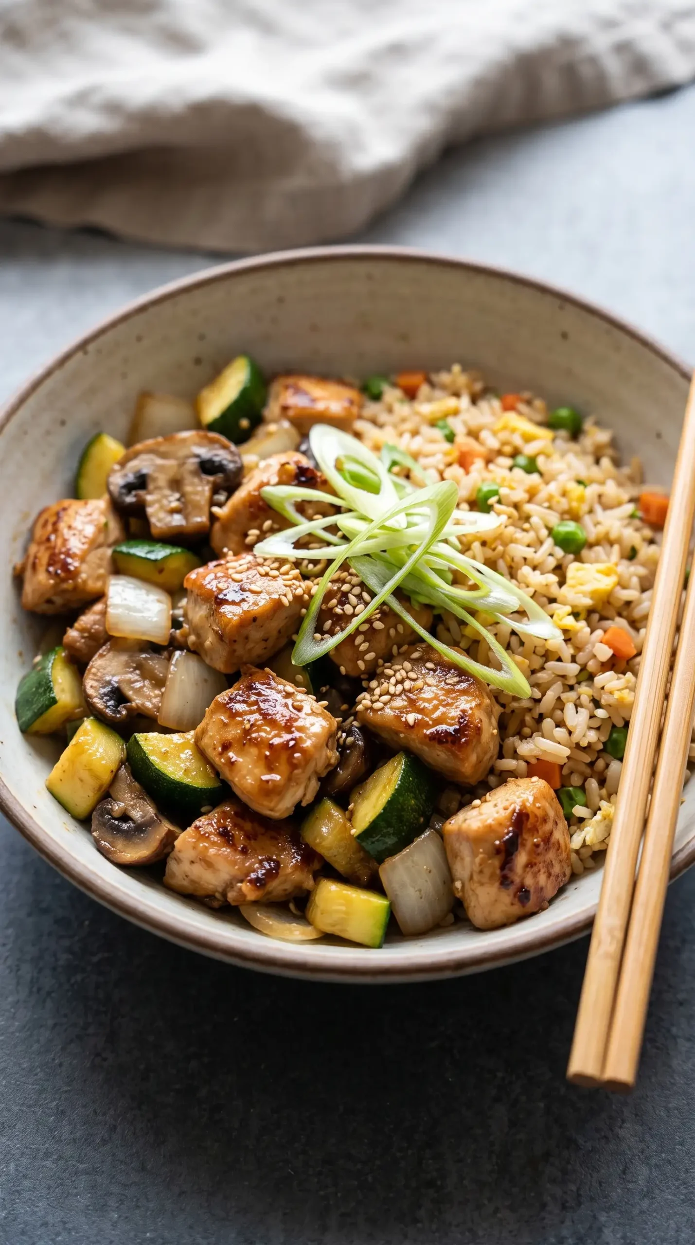 Hibachi chicken skillet served with vegetables, glossy sauce, rice, sesame seeds, and scallions