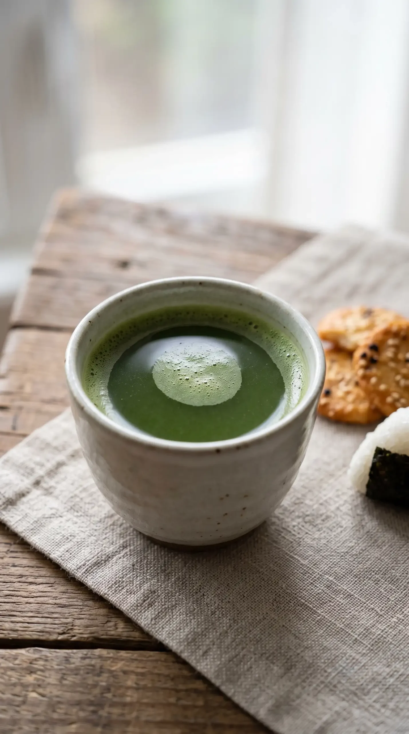 Finished Japanese Mounjaro Matcha Infusion served in a ceramic cup with light pairings