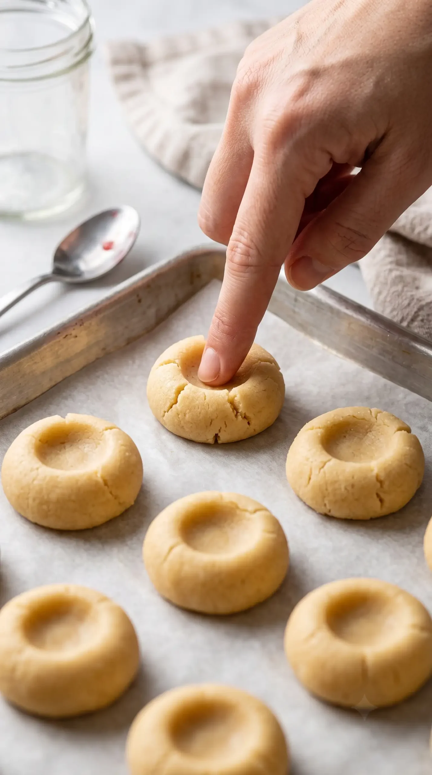 Chilled thumbprint cookie dough being shaped with center indentations