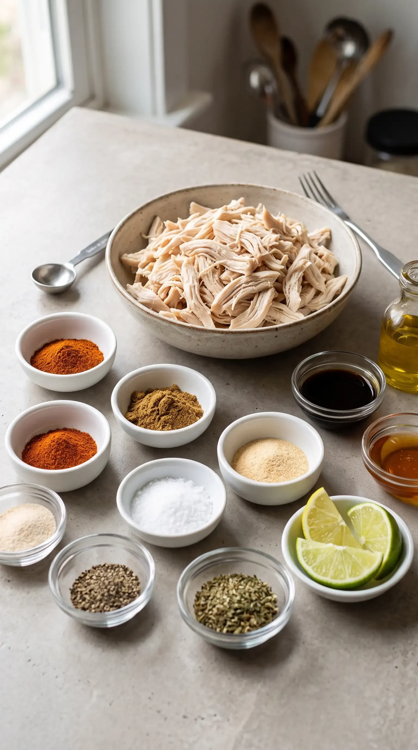 Shredded chicken with spices, herbs, citrus, and seasonings for flavor preparation