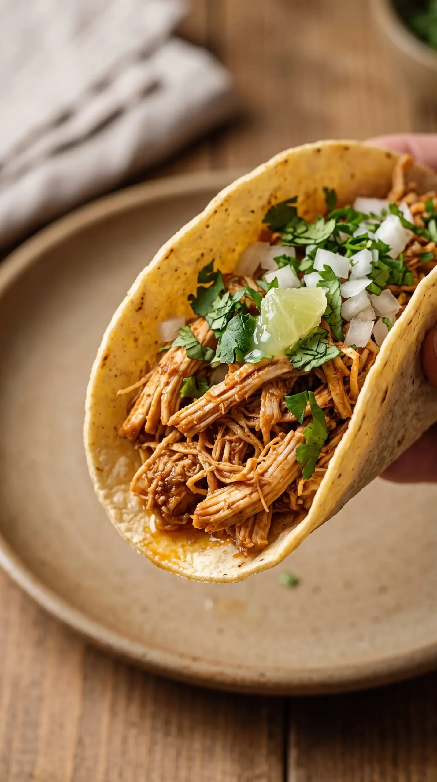 Shredded chicken taco with cilantro, onion, and lime toppings