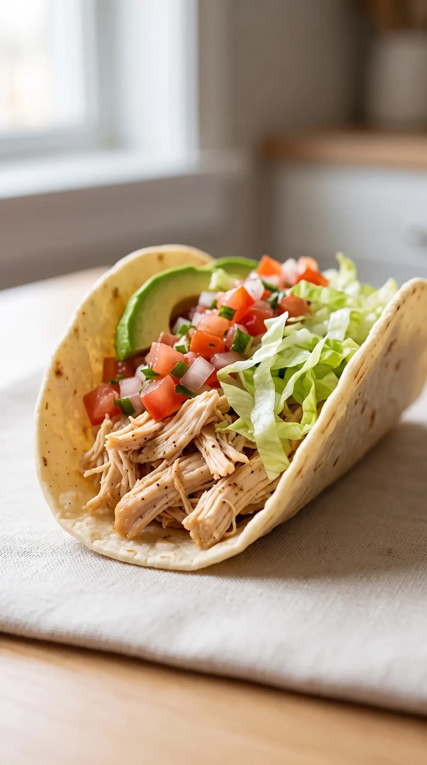 Soft tacos filled with shredded chicken, salsa, lettuce, and avocado