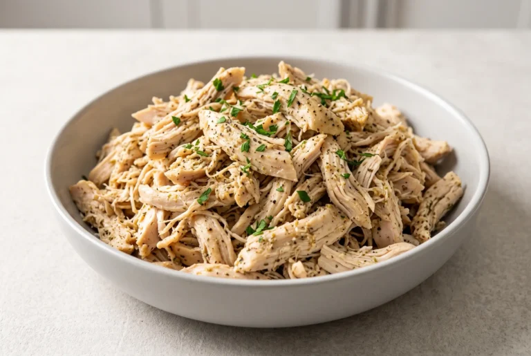Bowl of seasoned shredded chicken with tender strands ready for weeknight meals