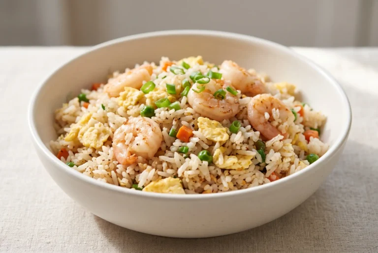 Shrimp fried rice with eggs, vegetables, and green onions served in a ceramic bowl