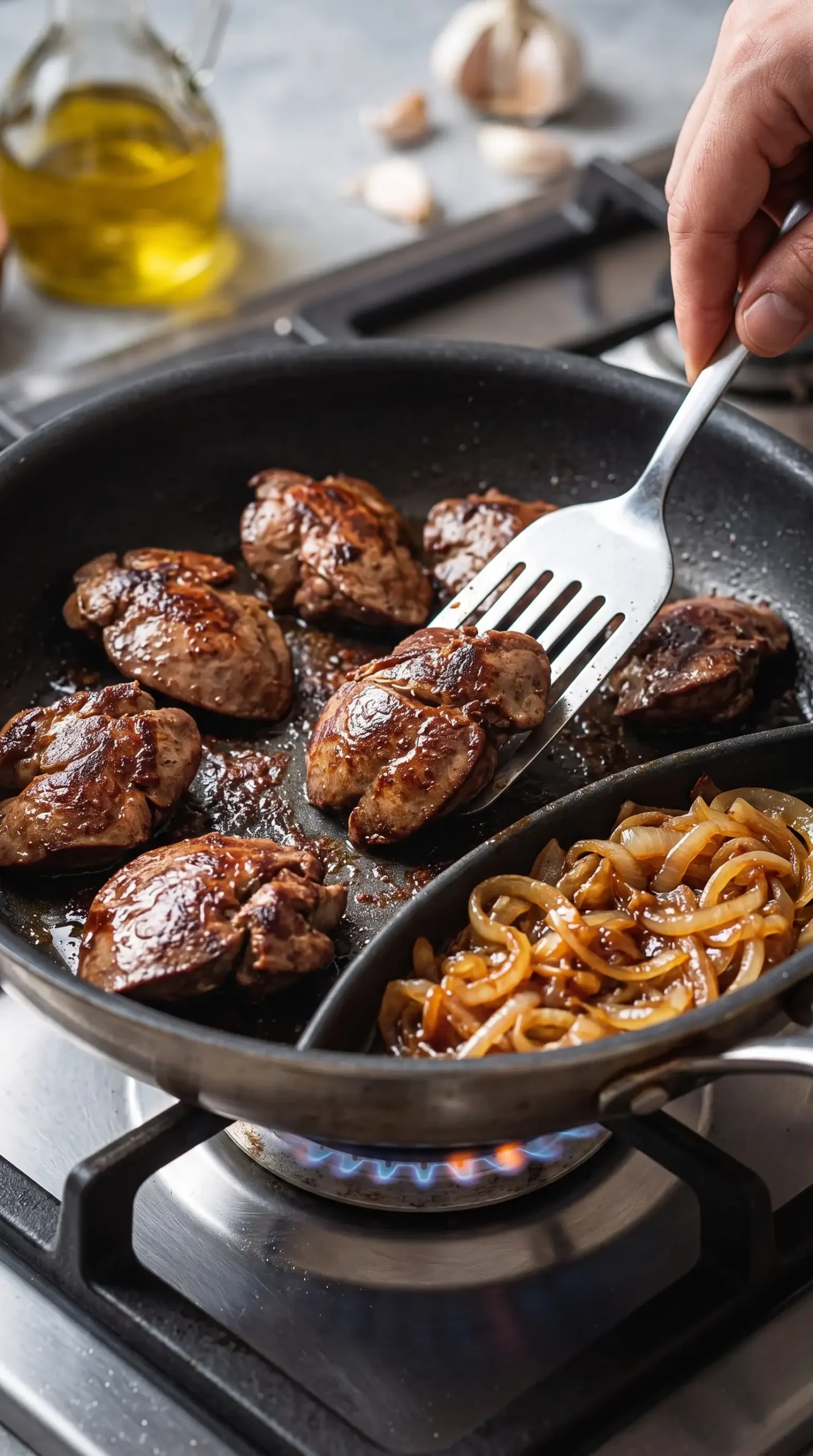Chicken livers searing in a skillet with golden caramelized onions