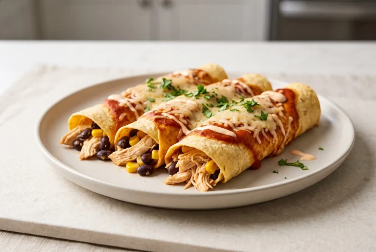 Skinny chicken enchiladas with black beans, corn, cheese, and red sauce on a plate