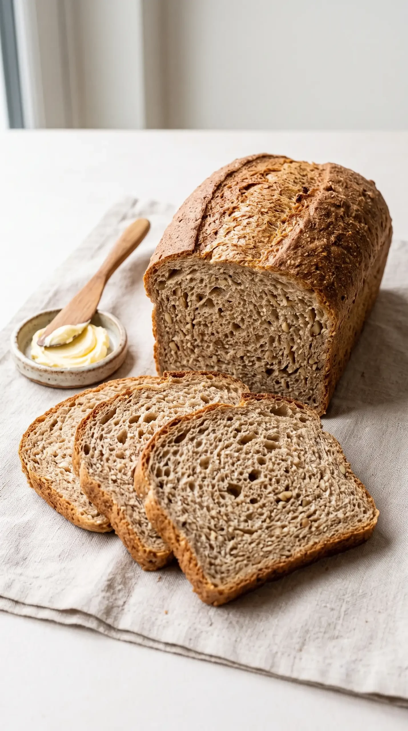 Sliced whole wheat bread loaf with hearty crumb served with butter