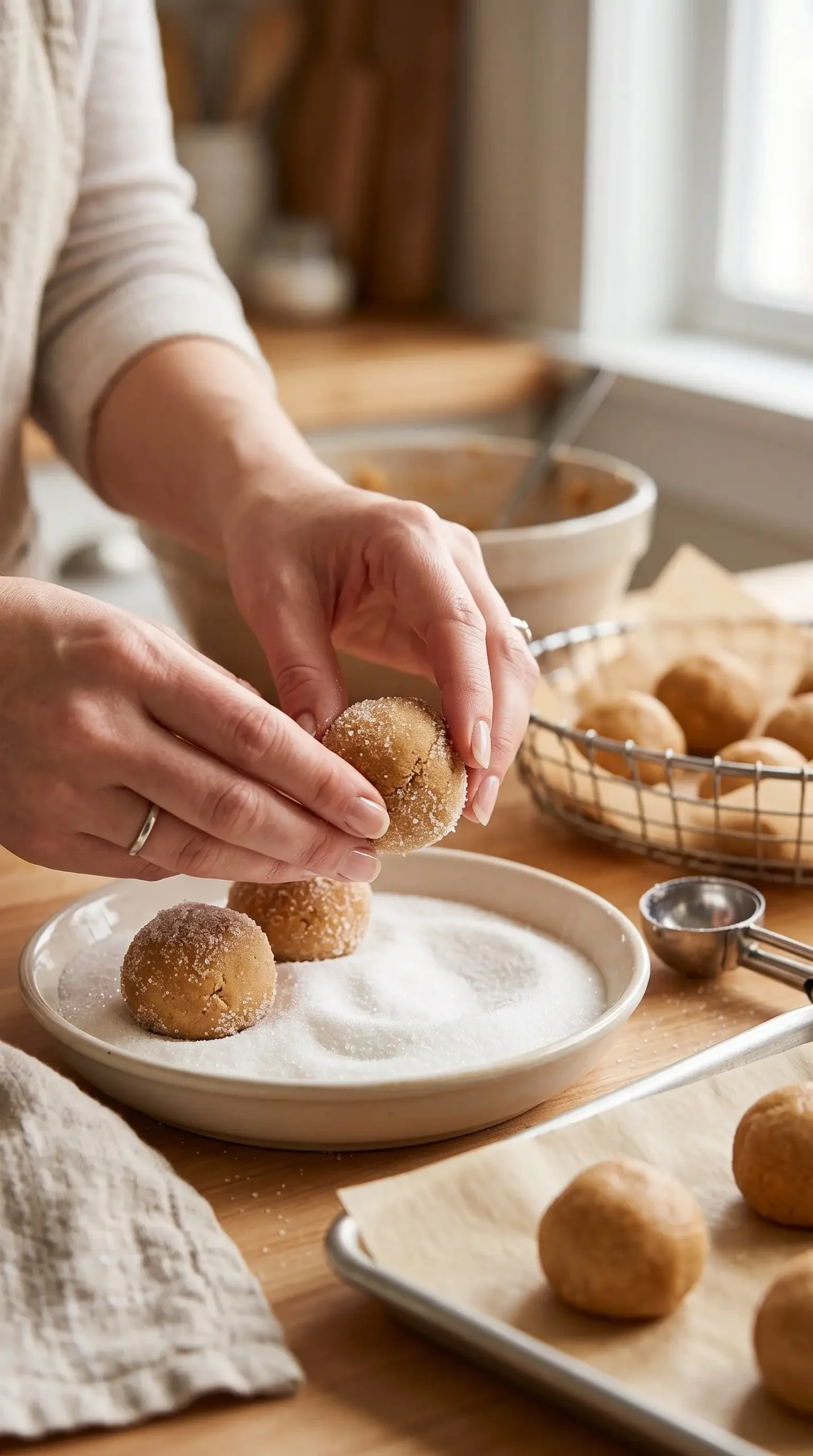 Peanut butter cookie dough balls being rolled in sugar before baking