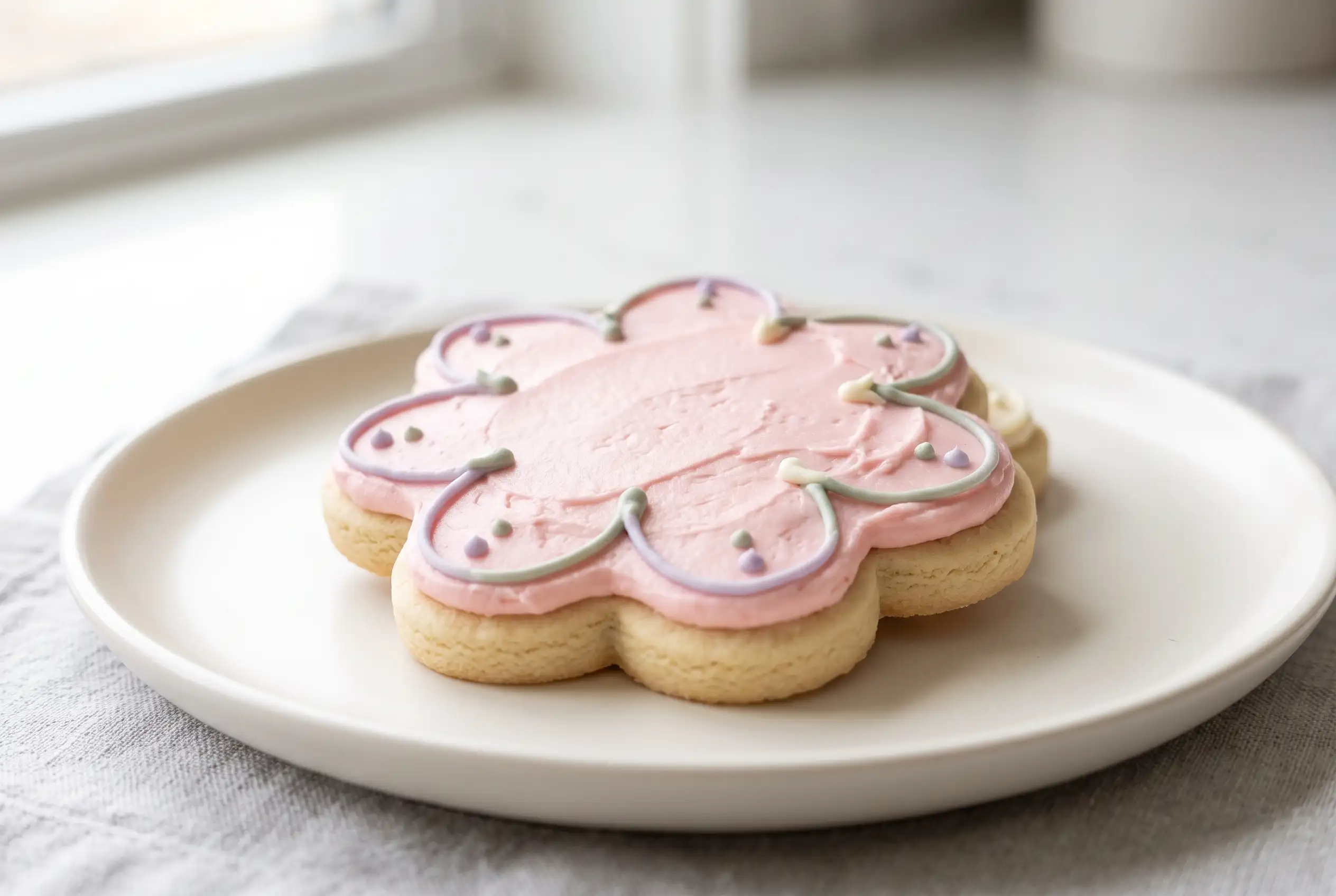 Cut-out sugar cookie with smooth butter-based sugar cookie frosting and pastel piped details