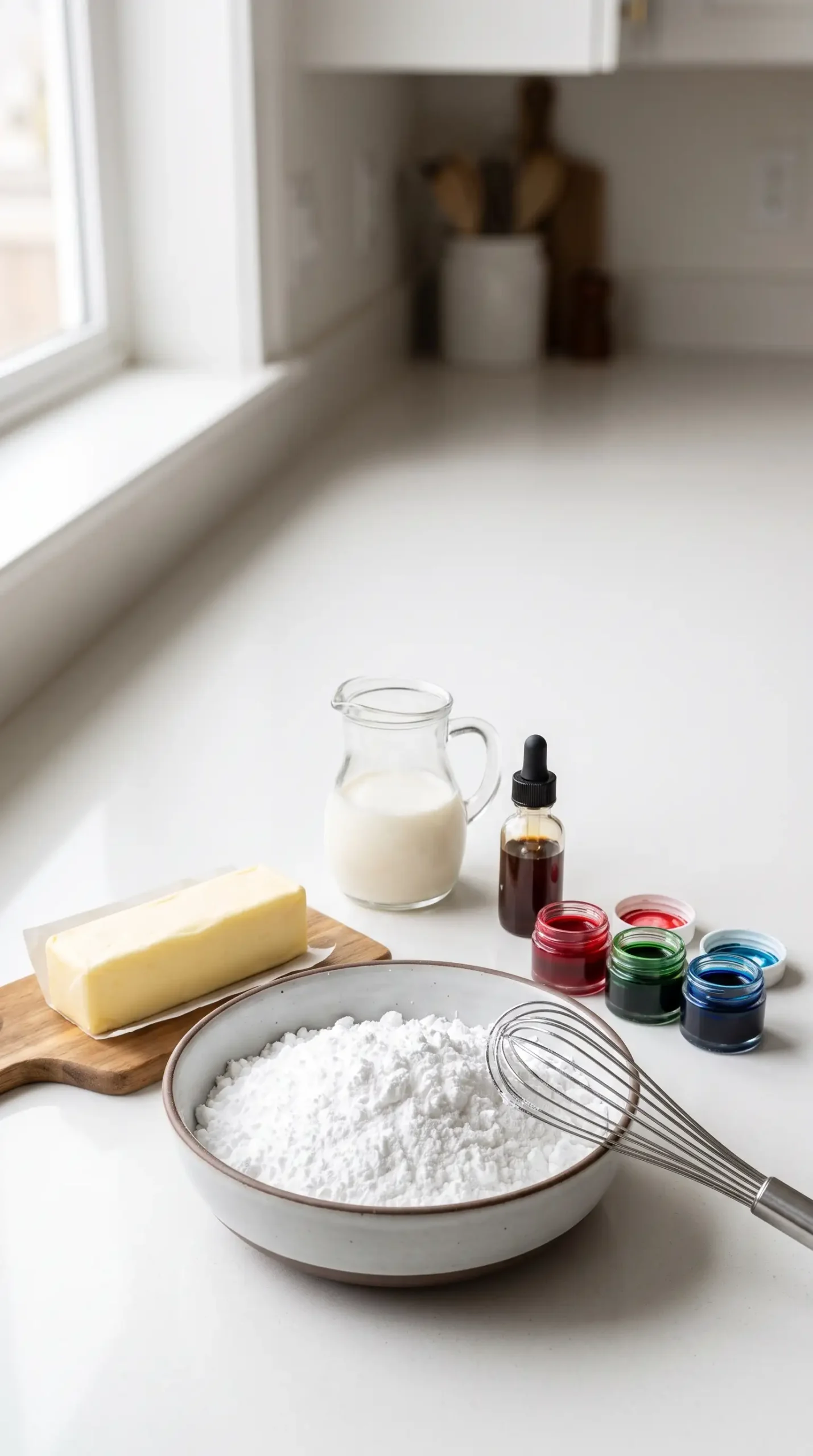 Powdered sugar, butter, milk, vanilla, and food coloring for sugar cookie frosting