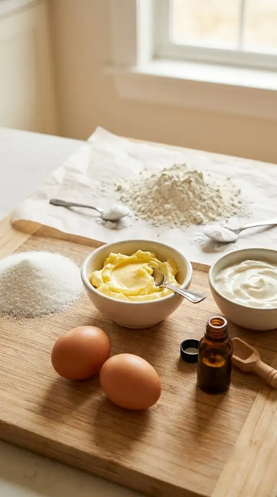 Ingredients for fluffy sugar cookies including butter, flour, sour cream, eggs, and vanilla