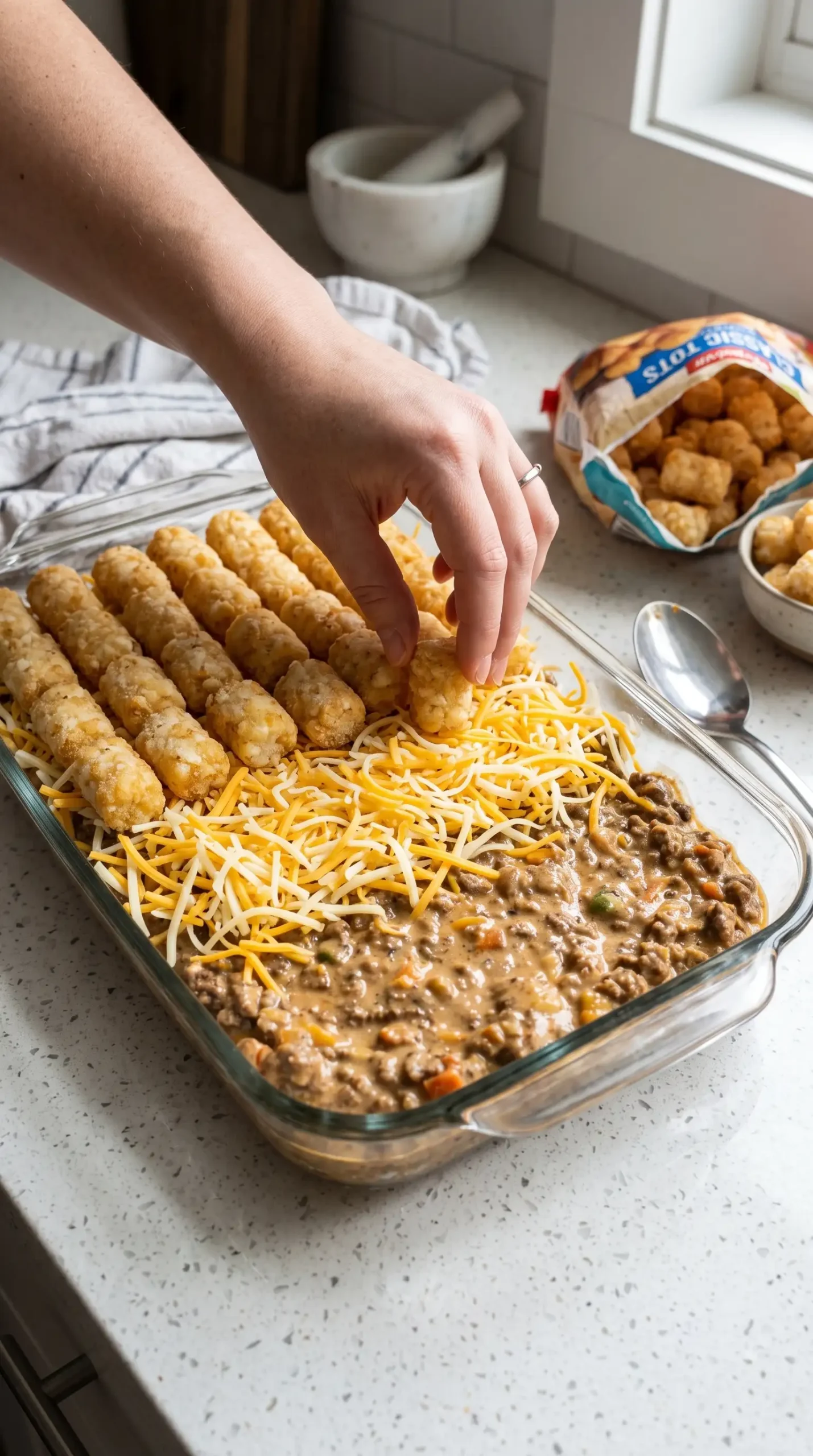 Assembling tater tot casserole with creamy beef filling, cheddar cheese, and frozen tater tots.