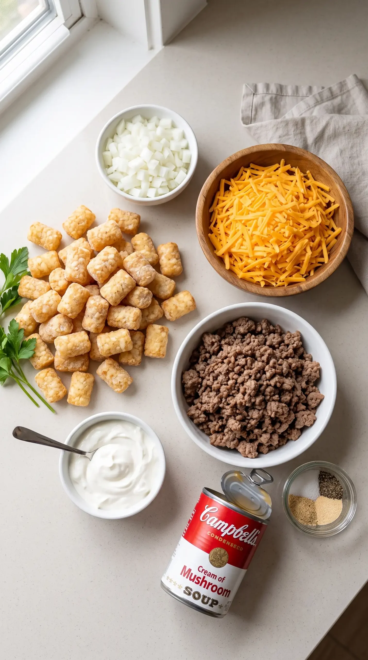 Ingredients for tater tot casserole with ground beef, cheddar, tater tots, and creamy sauce components.