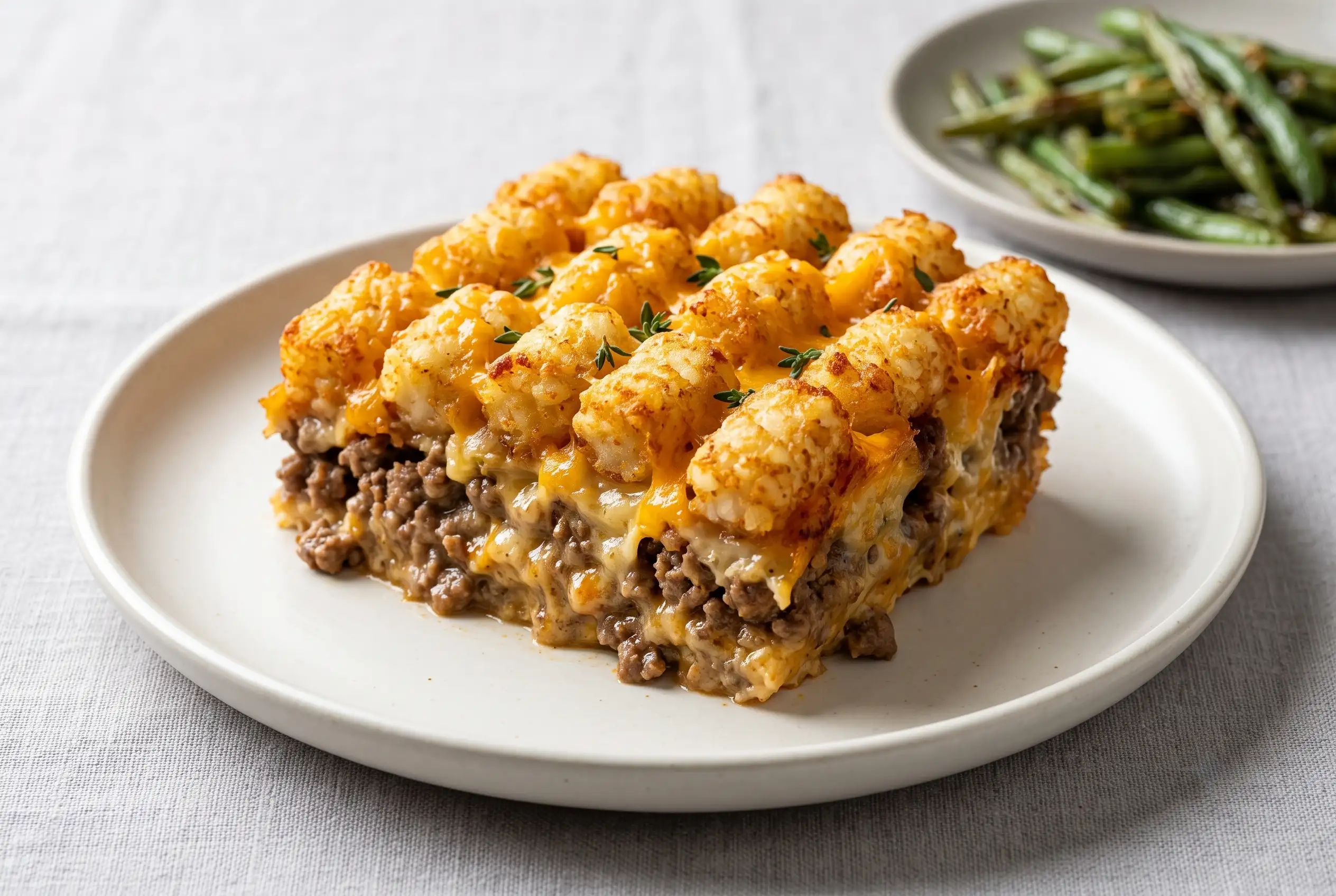 Tater tot casserole with ground beef, creamy sauce, cheddar, and a crispy golden potato topping.