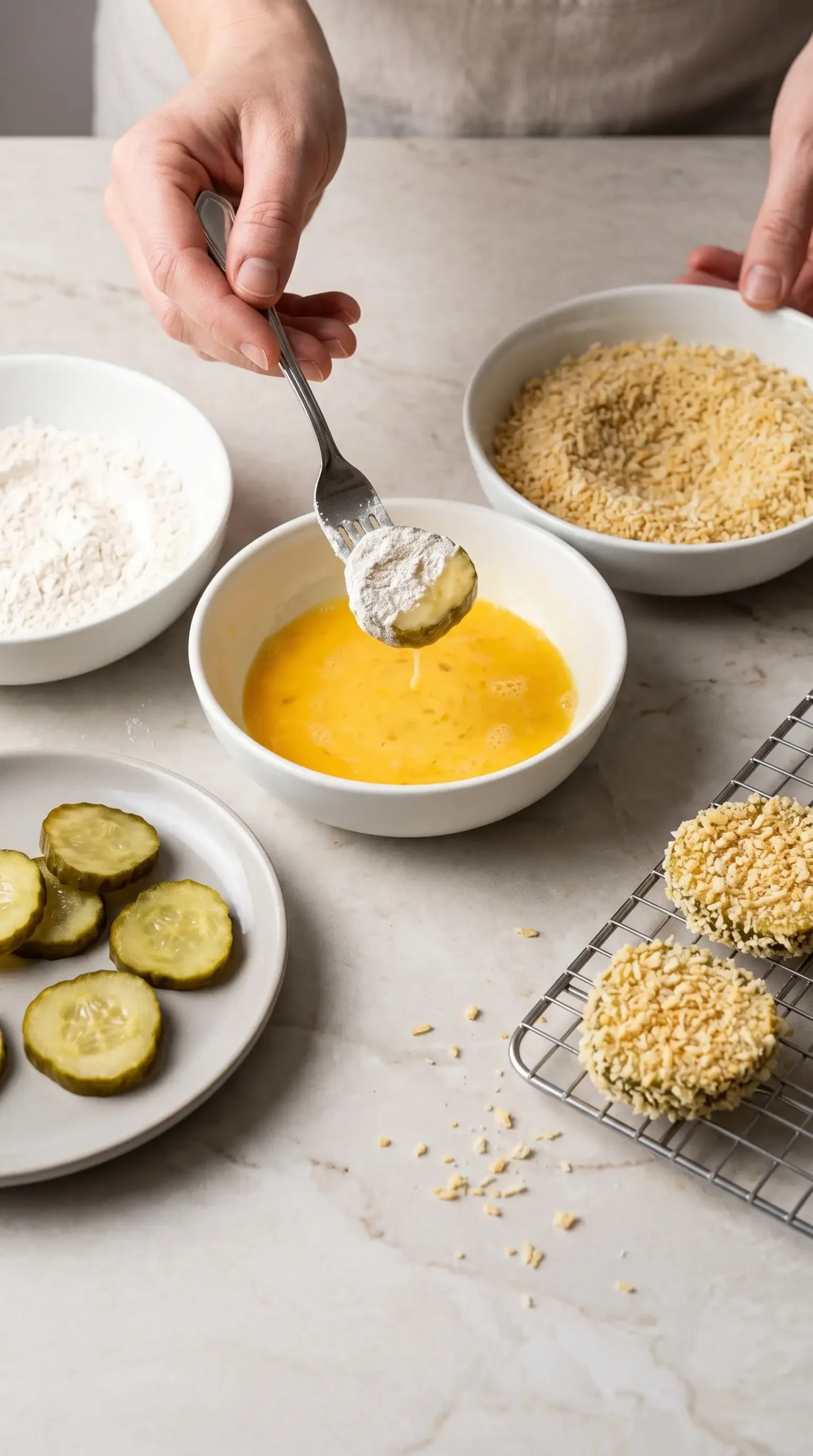 Dill pickle rounds moving through flour, beaten egg, and panko breadcrumbs