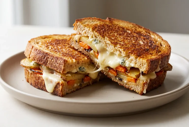 Roasted vegetable grilled cheese sandwich with melted three cheese filling and roasted carrots and potatoes