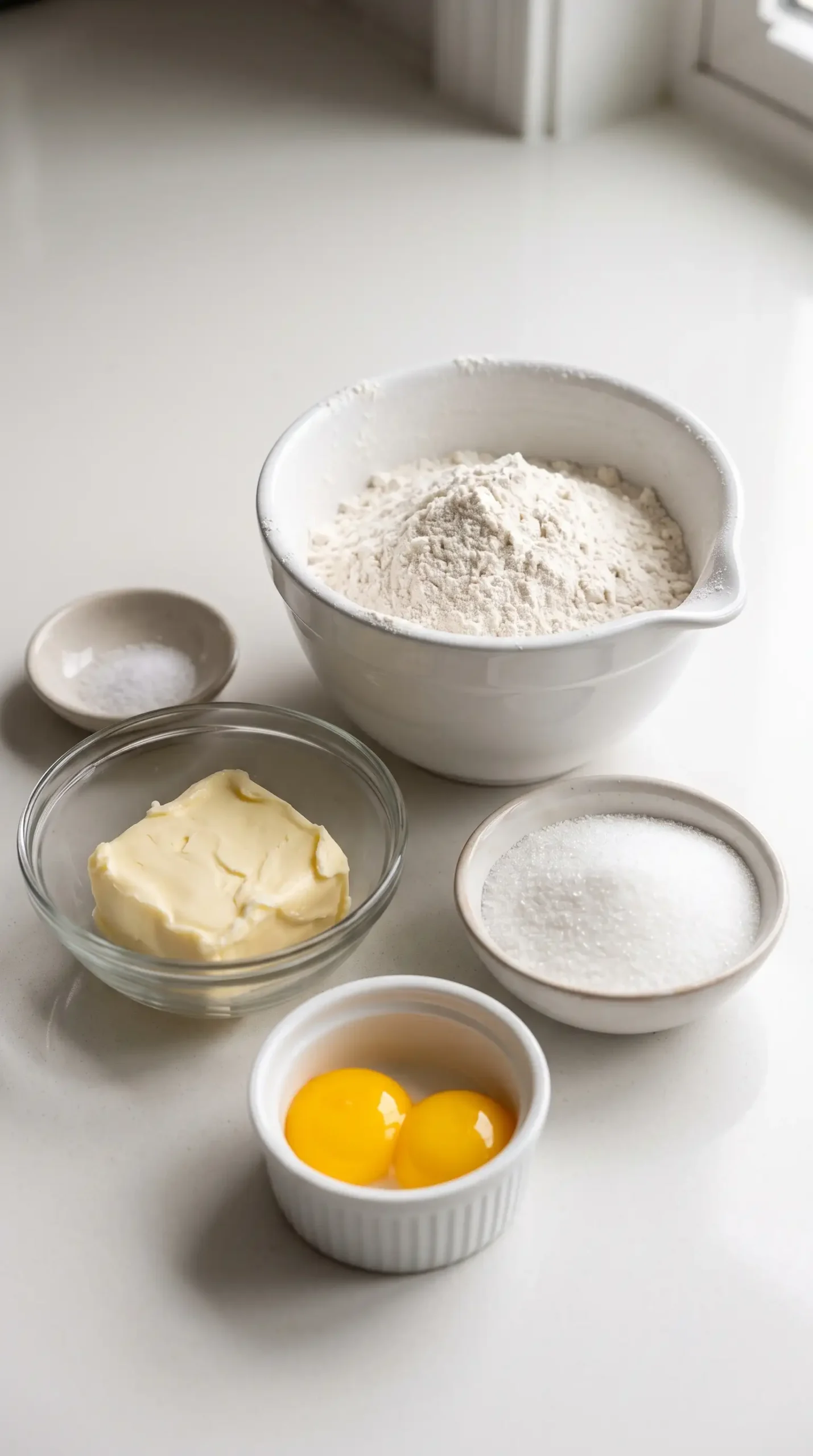Ingredients for buttery thumbprint cookie dough with butter, sugar, egg yolks, and flour