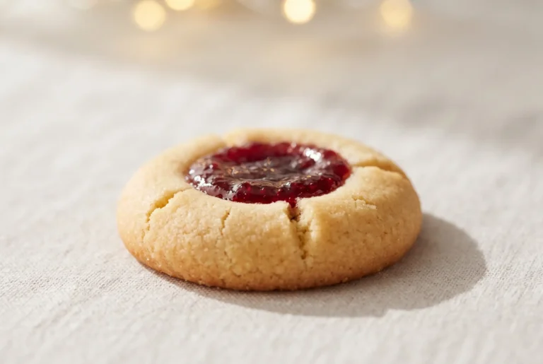 Thumbprint cookie with raspberry jam center and golden buttery edges