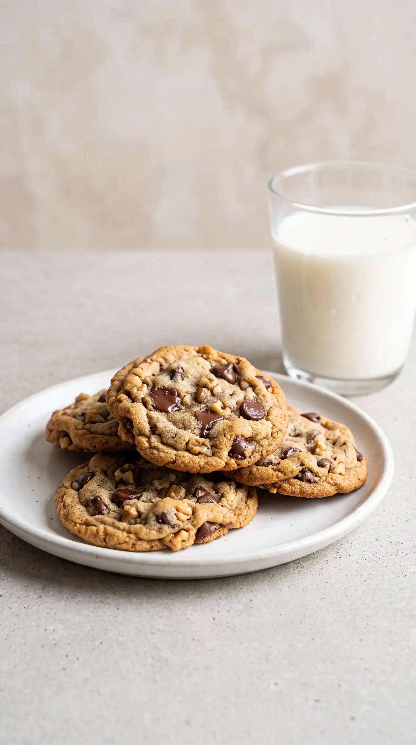 Plate of Nestlé Toll House chocolate chip cookies with nuts served with milk