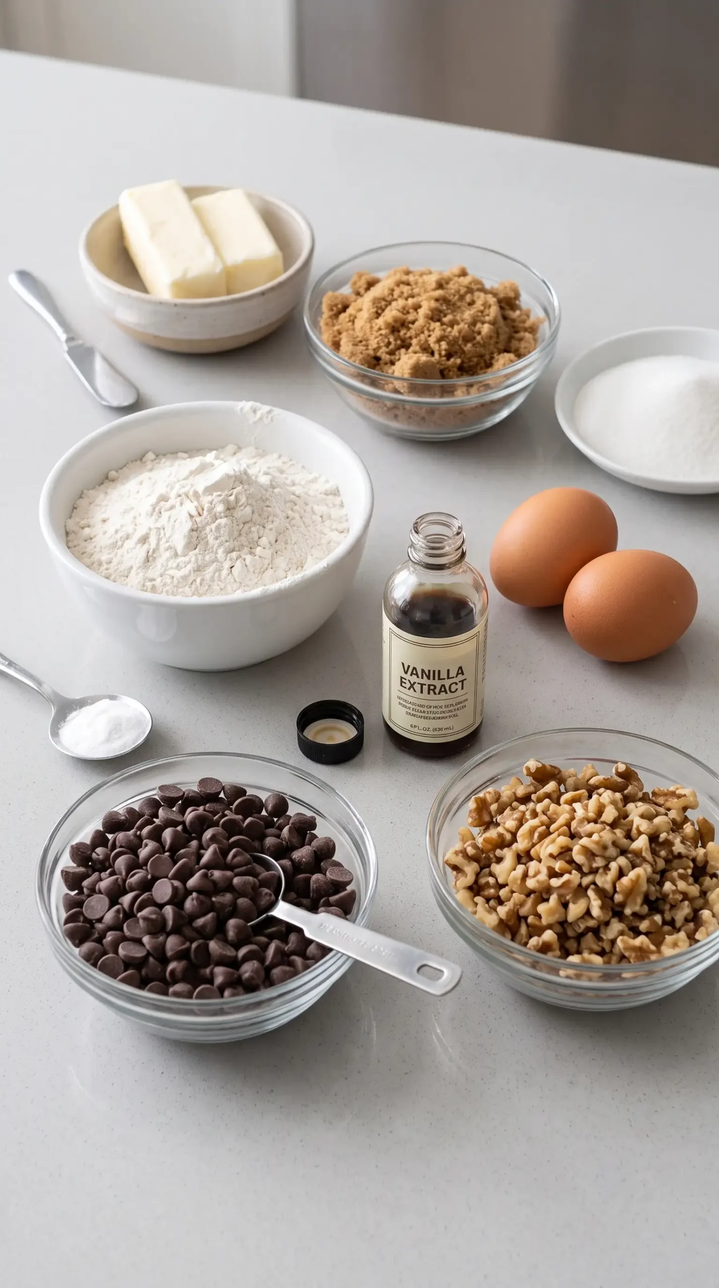 Ingredients for Nestlé Toll House chocolate chip cookies with nuts arranged before baking