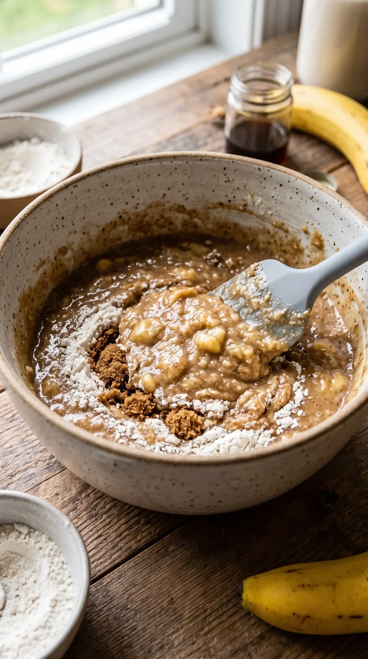 Vegan banana bread batter mixed with mashed bananas and plant-based milk