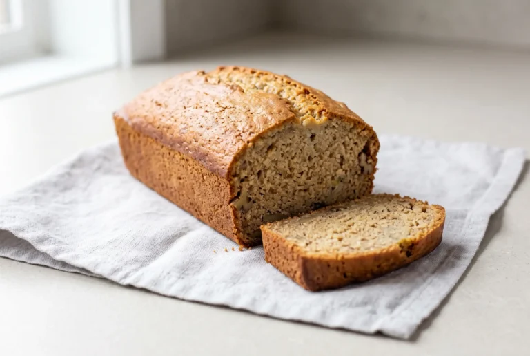 Vegan banana bread loaf with golden crust and soft tender crumb