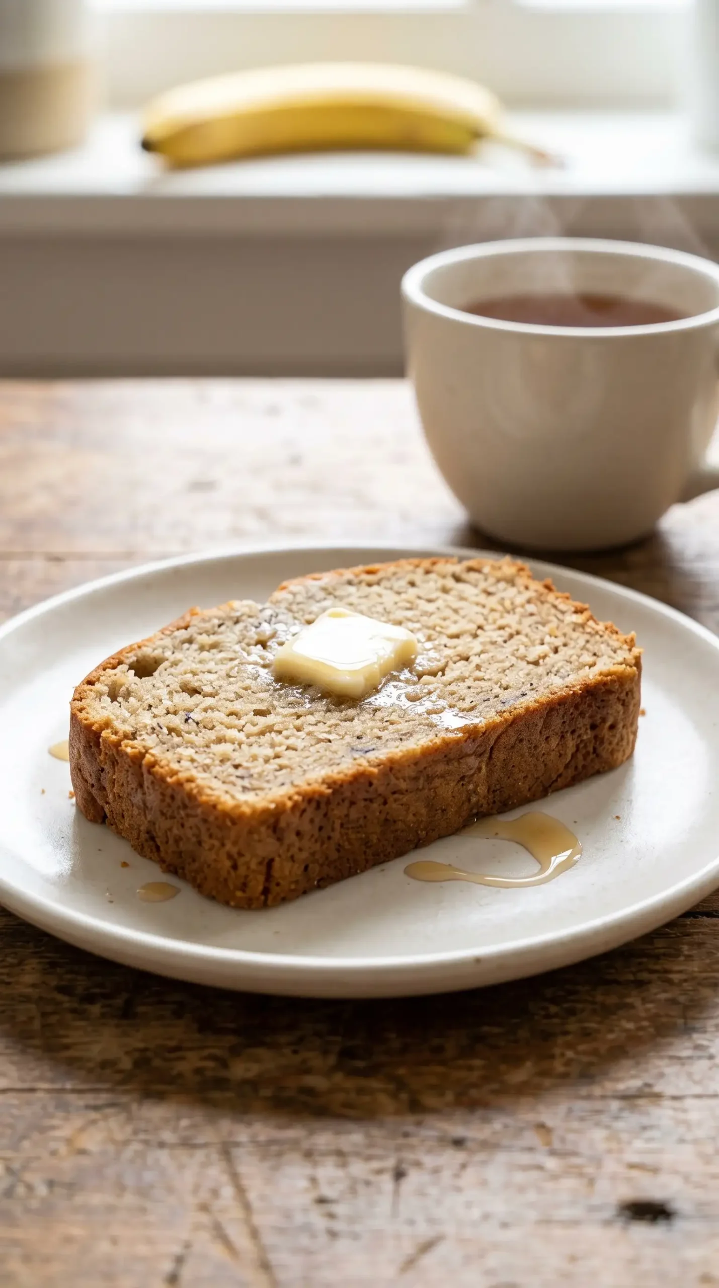 Slice of vegan banana bread showing a moist crumb and golden crust