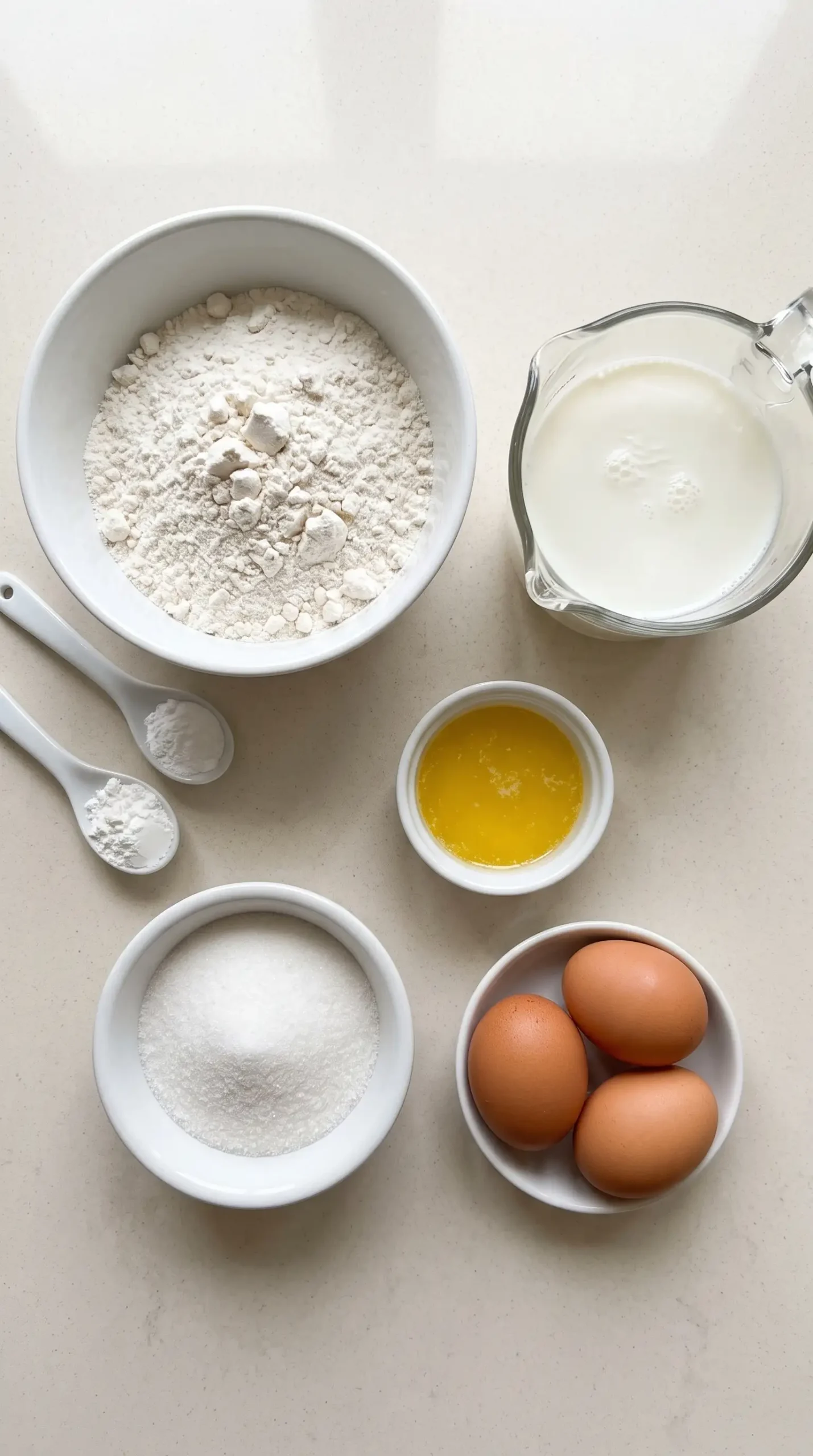 Waffle batter ingredients with flour, eggs, warm milk, and melted butter